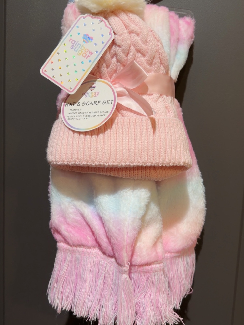 Kids Pink Cable Knit Pom Beanie & Scarf Set
